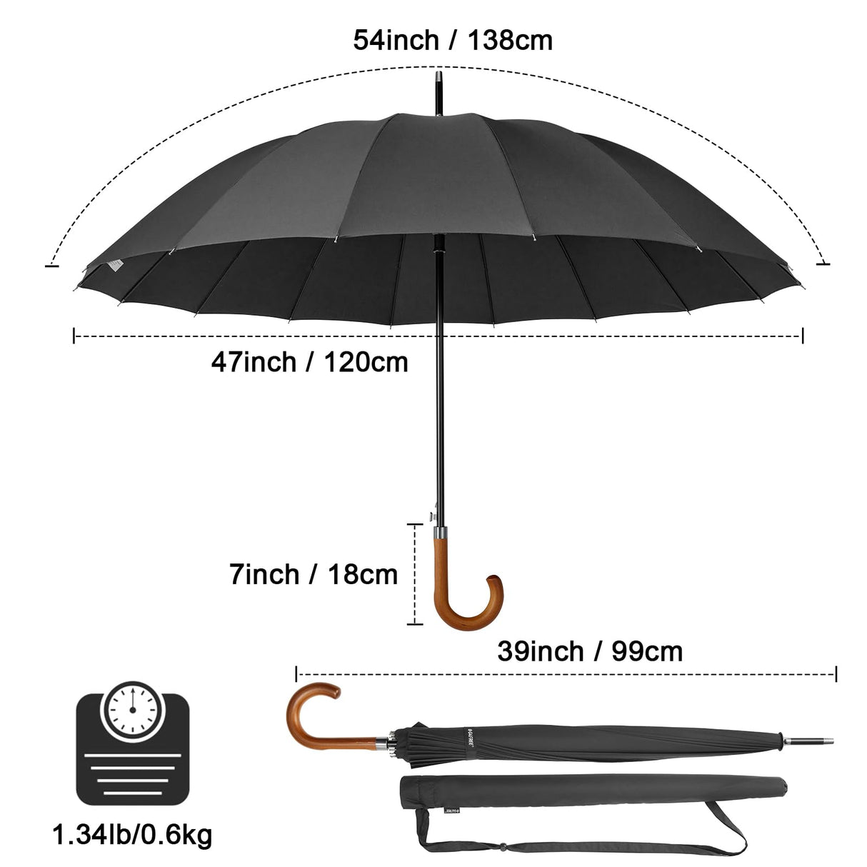 G4Free 54 Inch Large Windproof Umbrella for 2 Persons, 16 Ribs Auto Open Classic Wooden J Handle Cane Stick Golf Rain Umbrellas for Men Women Travel 120cm G4Free