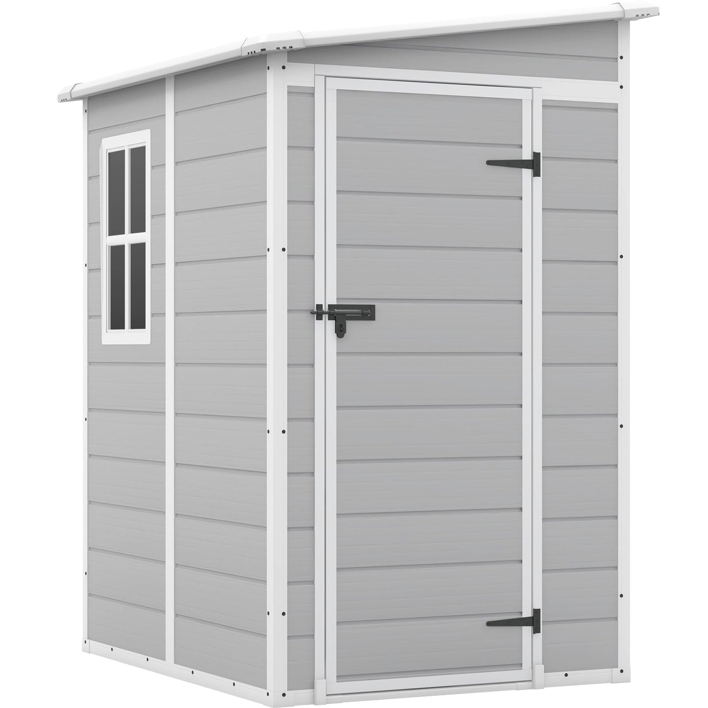 Patiowell 5x4 FT Outdoor Storage Shed, Resin Storage Shed with Floor & Lockable & Window Door for Patio Furniture, Garden Tools and Bicycle, White & Grey - WoodArtSupply