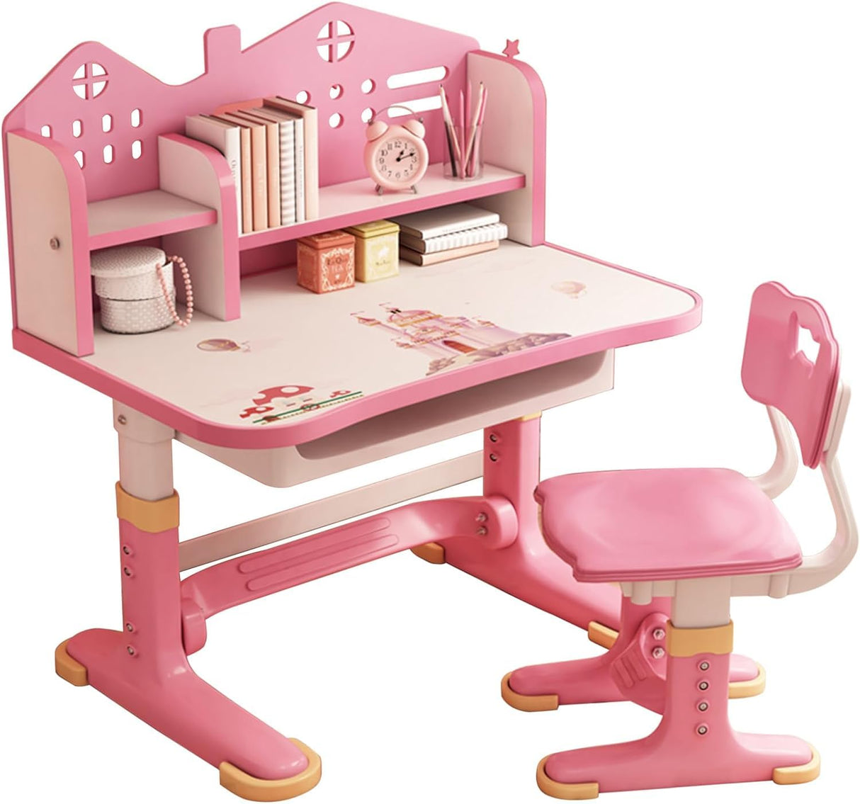 LEAQU Kids Desk and Chair Set, Study Table and Chair, Desk for Kids, Children's Desks with Golden Distance Design, Homeschooling Writing Desk with Desktop for Boys and Girls (Pink 4) LEAQU