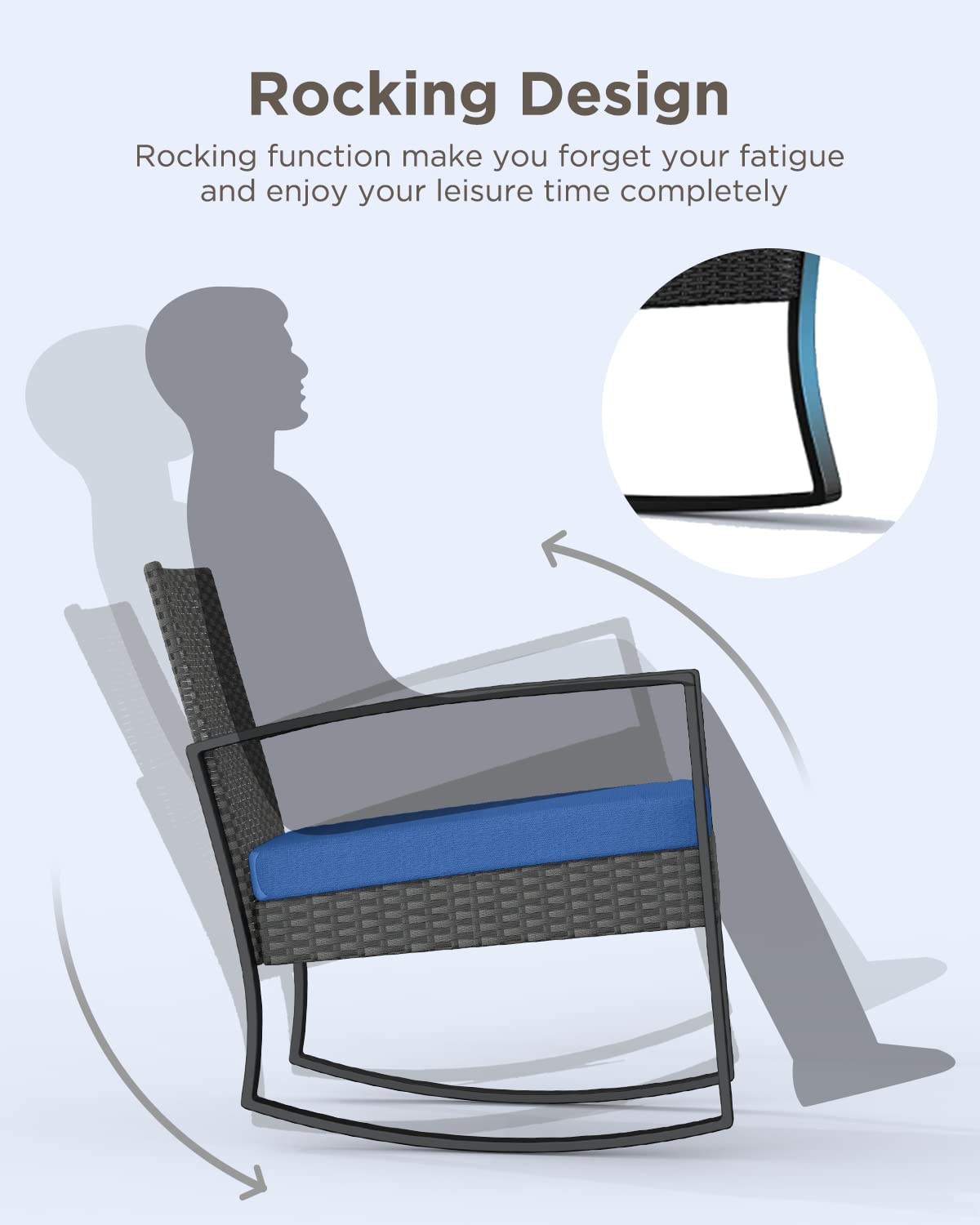 Qsun 3 Piece Patio Bistro Set Patio Furniture Set Outdoor Wicker Rocking Furniture Conversation Set with Tempered Glass Coffee Table for for Front Porch Balcony and Deck (Blue Cushion Qsun