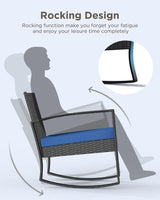 Qsun 3 Piece Patio Bistro Set Patio Furniture Set Outdoor Wicker Rocking Furniture Conversation Set with Tempered Glass Coffee Table for for Front Porch Balcony and Deck (Blue Cushion Qsun