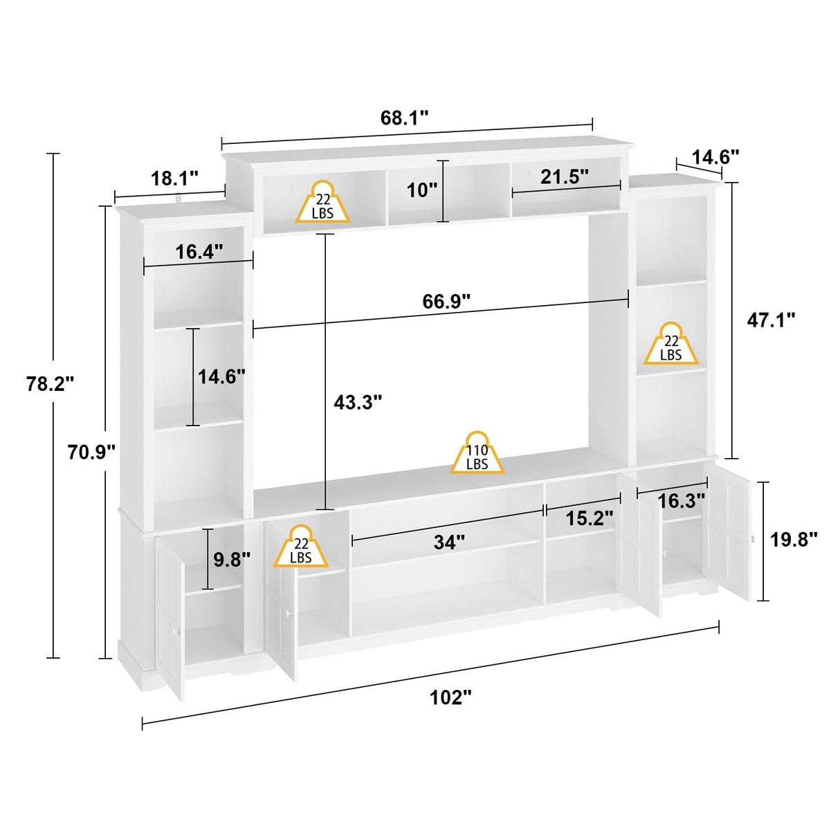 ECACAD 4-Piece Wall Unit TV Stand with Bookshelves for TVs up to 65", Modern TV Console Table Media Entertainment Center with Glass Doors & Open Shelves for Living Room, Bedroom & Home Theater, Black ECACAD