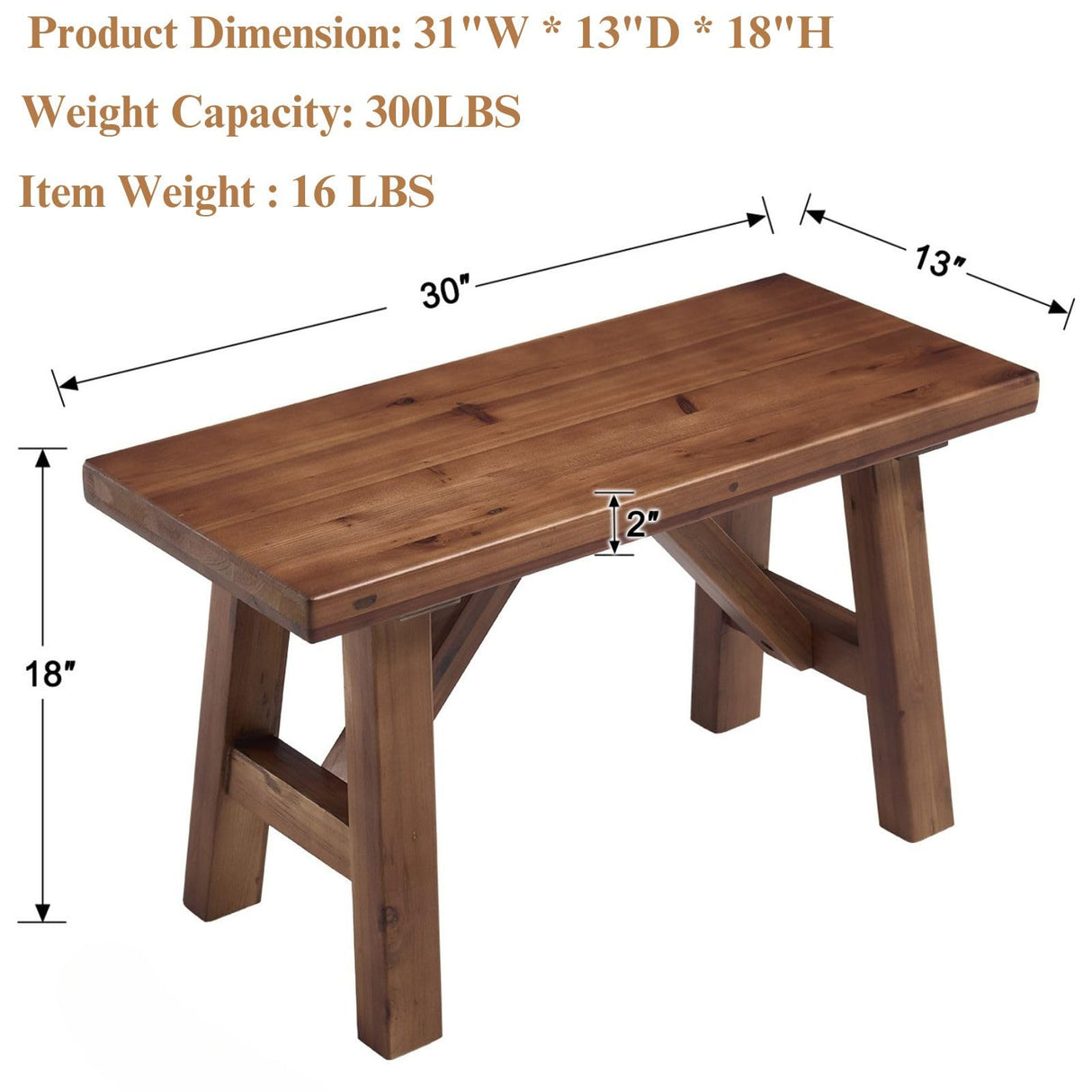 DM Furniture 30" Farmhouse Wood Bench, Solid Wood Entryway Bench Seat Rustic Wooden Entry Way Bench Indoor for Living/Dining Room, Small Hallway Bench, Porch, Handcrafted, Walnut DM Furniture
