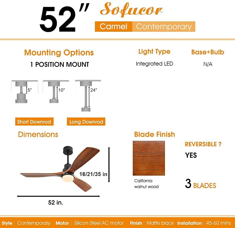 Sofucor 52" Ceiling Fan with Lights Remote Control, 3 Poles for Indoor Outdoor Ceiling Fan with Remote, Reversible Noiseless ETL Motor, 3 Walnut Wooden Blades - WoodArtSupply