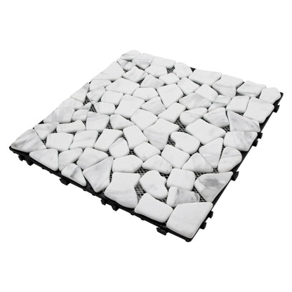 SUNWINGS 4PCS Natural Stone Interlocking Deck Tiles 12"x12" Pebble Waterproof Patio Deck, Outdoor Indoor Floor Decking Tiles for Porch Poolside Balcony Backyard, Carrara White