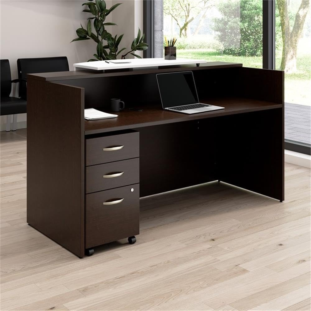 Bush Business Furniture Arrive 72W x 30D Reception Desk with Counter and Mobile File Cabinet in Mocha Cherry Bush Furniture