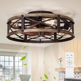 SHLUCE Farmhouse Flush Mount Caged Ceiling Fans with Lights, 6 Speeds, Rustic Low Profile Ceiling Fan with Light and Remote, Small Bladeless Ceiling Fans with Lights for Kitchen, Bedroom SHLUCE