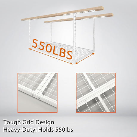 Kojem 3x6 Overhead Garage Storage Rack Adjustable Ceiling Garage Organization Shelf Ceiling Mounted Storage Racks White Kojem