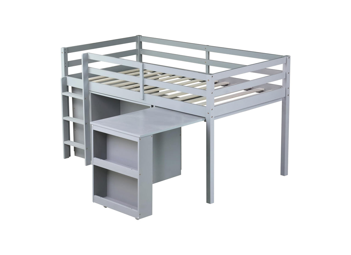 Low Loft Bed with Storage & Rolling Out Desk, Kids Twin Size Loft Beds with Bookcase & Drawers, Rubber Wood Junior Lofts Bed with Dresser/Shelves/Ladder/Guardrails for Boys Girls Teens, Gray Duxelifin