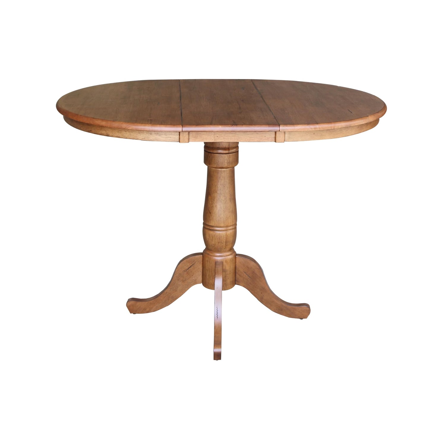 IC International Concepts 36" Round Top Pedestal 12" Leaf-35.3" H Dining Table, Distressed Oak