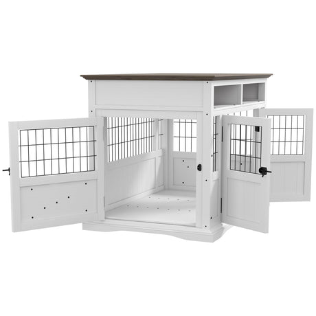 PawHut Dog Crate Furniture Side End Table with Storage, 41" Modern Wooden Dog Kennel Furniture with Double Doors for Small and Medium Dogs, White PawHut