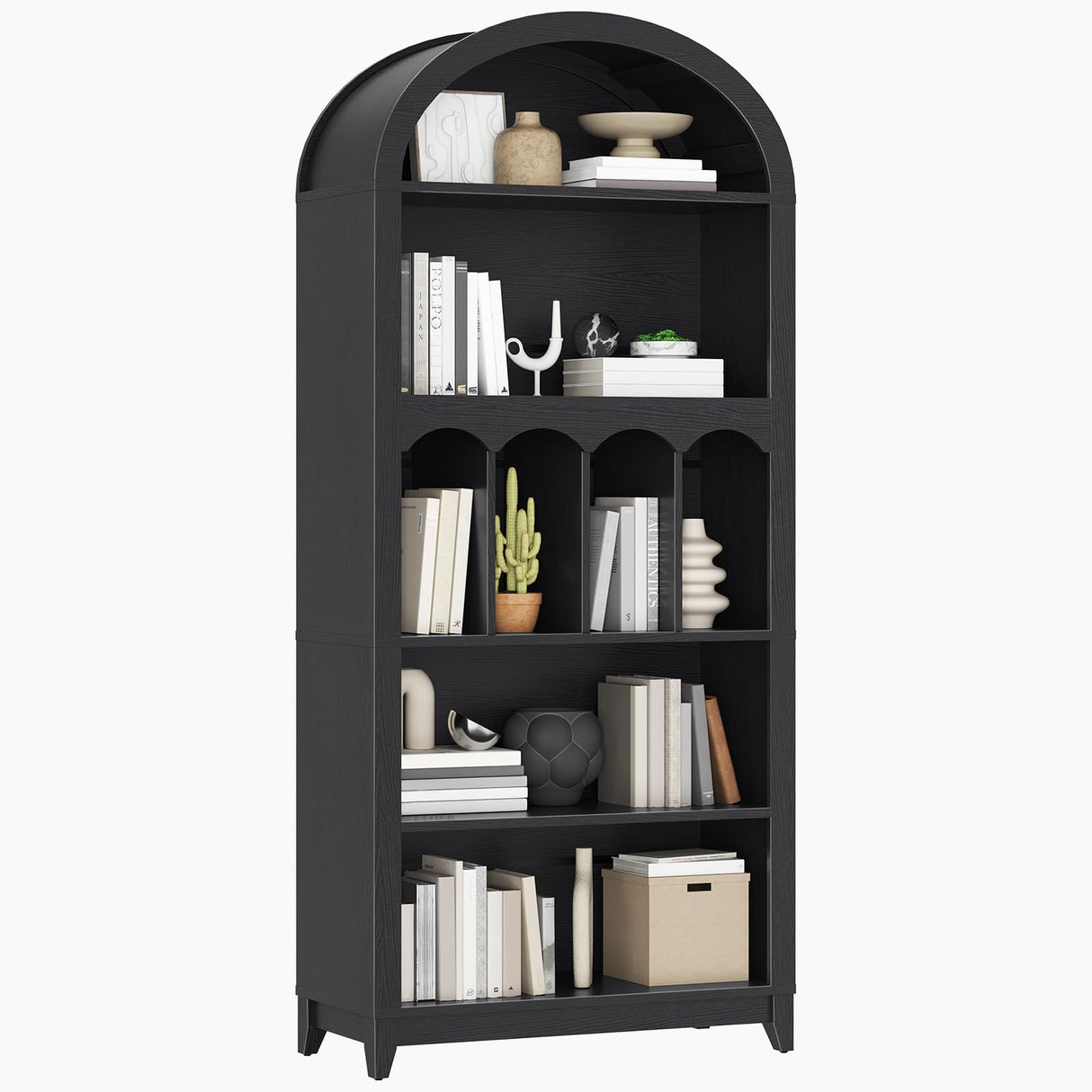 HOOBRO Arched Bookshelf Set of 2, 70.9" Tall Arch Bookcase with Storage, 5-Tier Farmhouse Book Shelf, Modern Arched Cabinet, Wooden Bookshelf with Open Display Shelves for Living Room, Office, Black HOOBRO