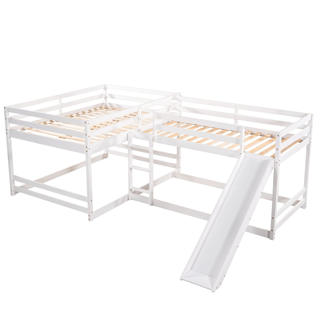 LUMISOL Bunk Bed for 4 People, Full and Twin Size L-Shaped Bunk Bed with Slide and Ladder, White LUMISOL