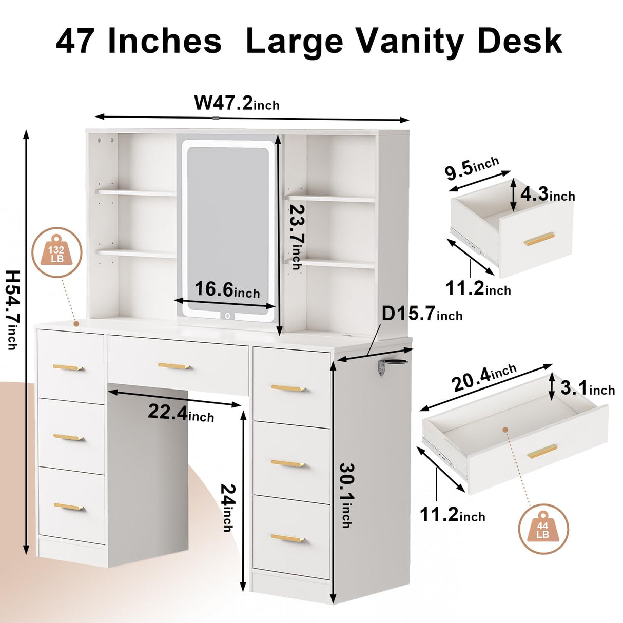 knoworld 47'' Large Vanity Desk with Mirror and Lights, 7 Drawers, 8 Storage Shelves Vanity Table, Big Makeup Vanity Desk with 3 LED Lighting Modes, Vanity Dresser with Outlet, Sliding Mirror (White) knoworld