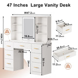 knoworld 47'' Large Vanity Desk with Mirror and Lights, 7 Drawers, 8 Storage Shelves Vanity Table, Big Makeup Vanity Desk with 3 LED Lighting Modes, Vanity Dresser with Outlet, Sliding Mirror (White) knoworld