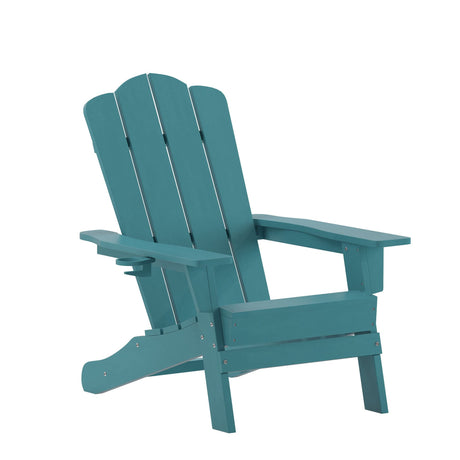 Flash Furniture Newport Adirondack Chair with Cup Holder, Weather Resistant Poly Resin Adirondack Chair, Blue Flash Furniture