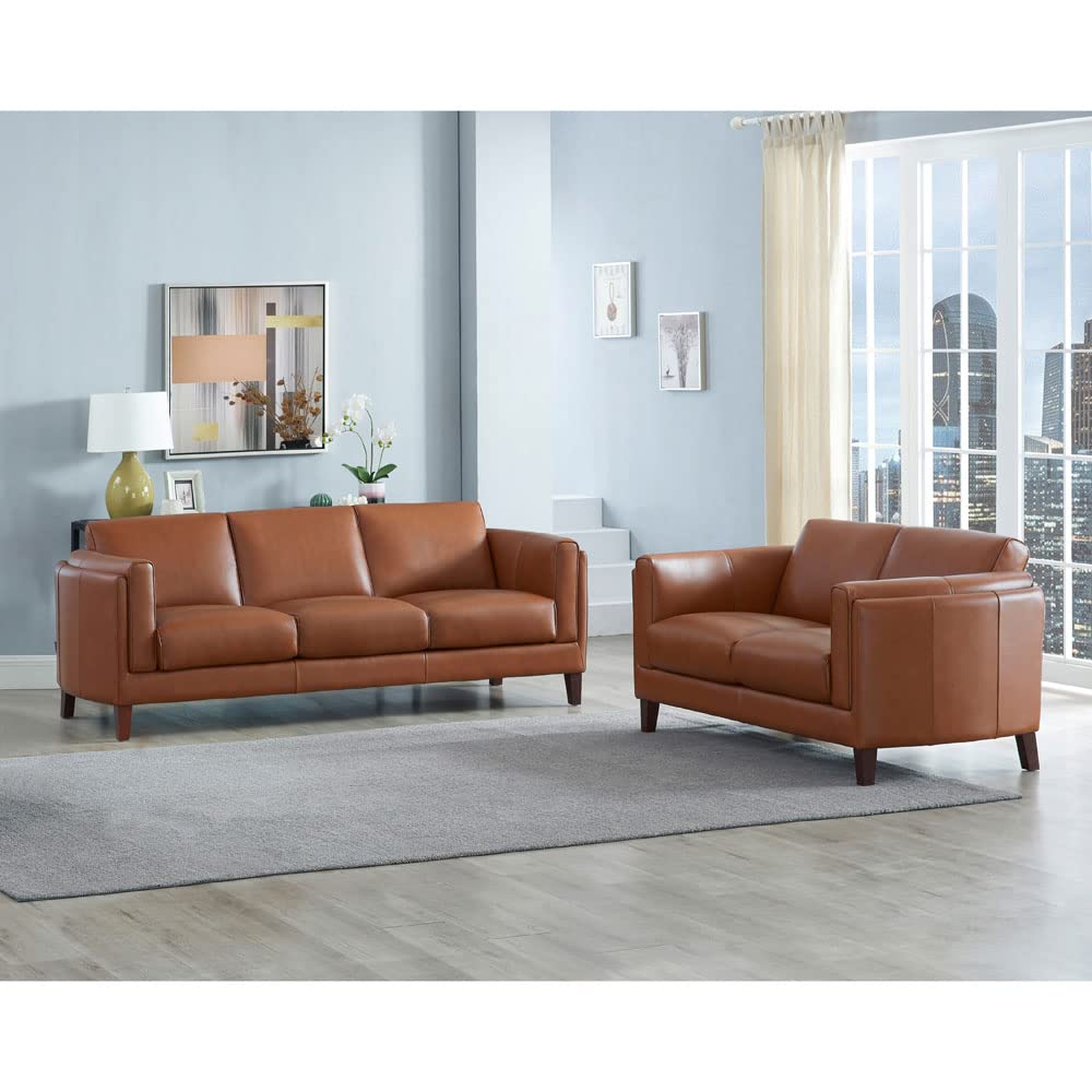 Hydeline Maui 100% Leather Sofa and Loveseat, Nutmeg Brown Hydeline