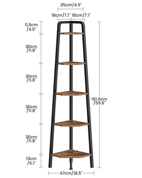 CHOEZON Corner Shelf, 5-Tier Ladder Corner Shelf, Ladder Bookshelf, 59.6" Tall Vertical Display Stand, Metal Frame Bookshelf, for Living Room, Bedroom, Kitchen, Rustic Brown and Black TCJ20BF CHOEZON