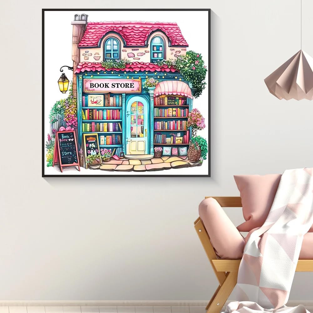 Pink Bookstore Diamond Painting Kits for Adults, 5D Diamond Art Painting by Numbers Kits, DIY Diamond Dots Art Kits, Full Round Drill Diamond Paintings for Adults for Home Wall Decor, 13.8x13.8 in GUMITOON