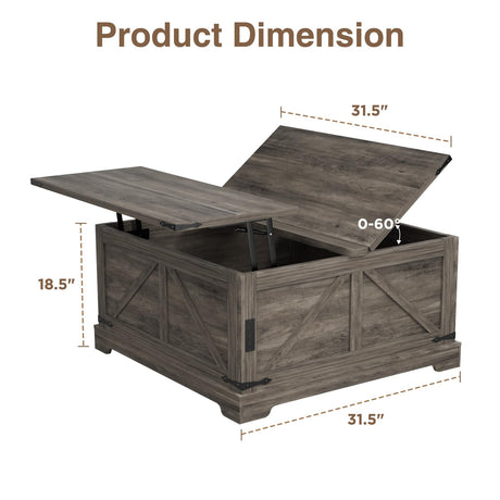 FiveWillowise Coffee Table with Storage, 31.5" W Farmhouse Lift Top Wood Square Center Table with Charging Station, Rustic Cocktail Tables with Flip Top Lids for Living Room, Home Office, Grey FiveWillowise