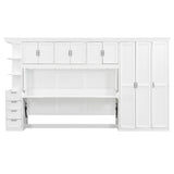SOFTSEA Twin Size Horizontal Murphy Bed with Desk, Foldable Wall Bed Frame with 3-Door Wardrobe, Drawers & Shelves, Space-Saving Hideaway Bed for Small Space, Apartment, White SOFTSEA
