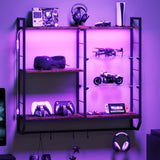 EYCOAL Gaming Floating Shelves, Wall Mounted Wooden Decor Display Shelf with 34" LED Lights and Adjustable Glass Bar Wine Shelf, Extra Hanging Hooks Storage for Gaming Room and Living Room EYOCAL