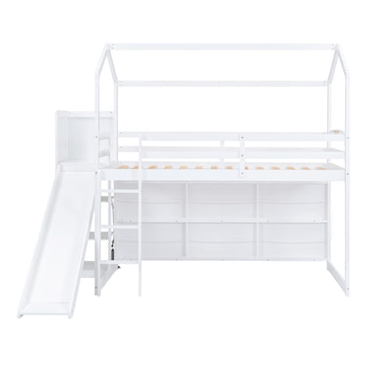 Harper & Bright Designs Kids Twin House Loft Bed with Slide, Storage Shelves and LED Light, Wood Twin Low Loft Bed with Guardrail and Ladder, Twin Playhouse Bed for Kids Teens Boys & Girls, White