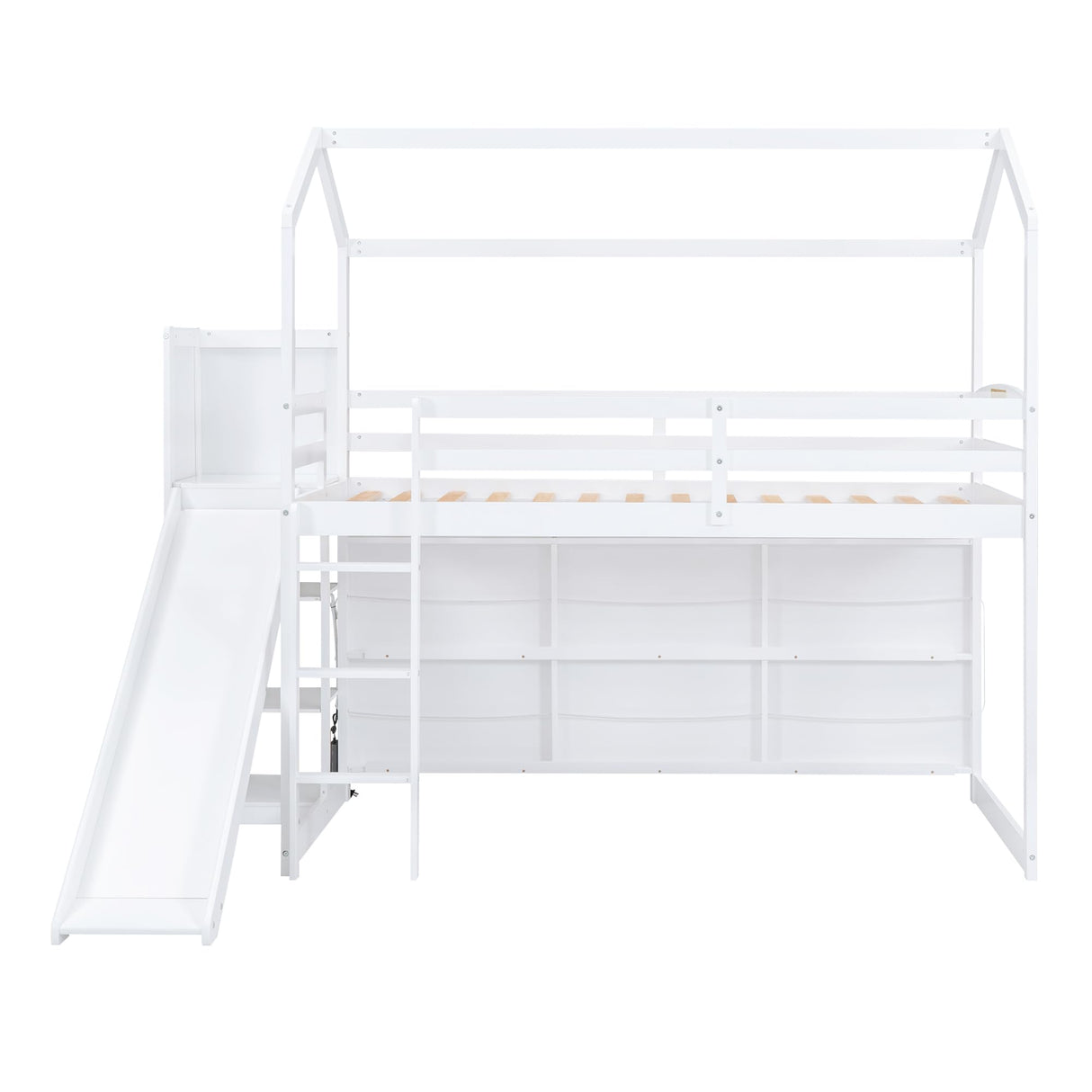 Harper & Bright Designs Twin House Loft Bed with Slide, Storage Shelves and Light, Wood Twin Bed Frame with Roof for Kids - White Harper & Bright Designs