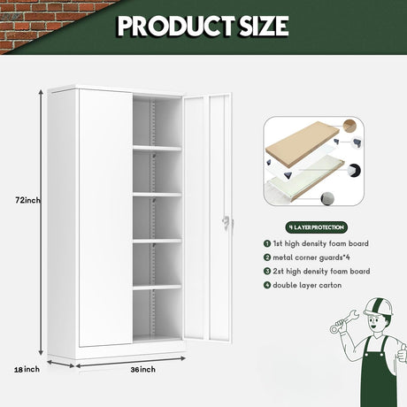 Pataku Metal Storage Cabinet, 72" Garage Cabinet with Doors and Shelves Lockable Steel Multifunctional Cabinet, White Tool Cabinet for Garage, File Cabinet for Home, Office, Warehouse Pataku