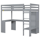 Janusline Twin Size Loft Bed Frame with Built-in L Shaped Desk, Wood Loft Bed with Wardrobe and Storage Shelves, Full-Length Guardrail & Ladder, Heavy Duty Lofts Beds for Teens Adults, Grey Janusline