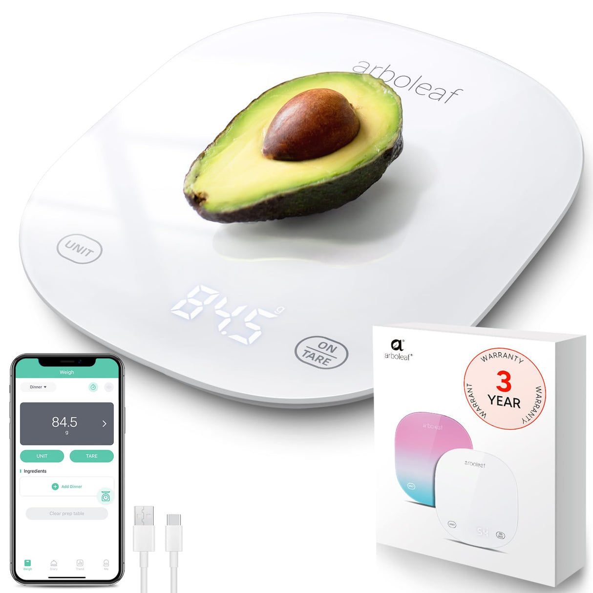 Arboleaf Smart Food Kitchen Scale, 22lb Digital Food Scale with Nutritional Calculator, USB Rechargeable, Smart Weighing with App for Macro, Keto, Calorie, Cooking, Grams and Ounces, 0.1oz/0.5g, White arboleaf