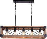 Airposta Kitchen Island Lighting, 33.5-Inch 5 Lights Farmhouse Linear Chandelier for Dining Room Pool Table Pendant Light Fixture, Rustic Wood Grain Finish, Industrial Pendant Light Airposta