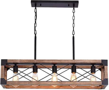 Airposta Kitchen Island Lighting, 33.5-Inch 5 Lights Farmhouse Linear Chandelier for Dining Room Pool Table Pendant Light Fixture, Rustic Wood Grain Finish, Industrial Pendant Light Airposta