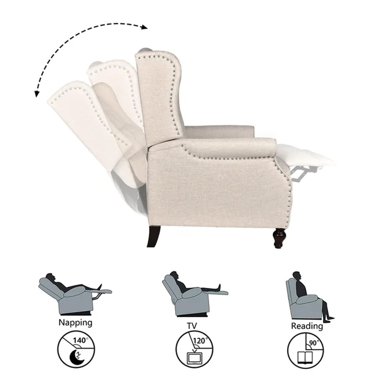 Mid-Century Wingback Recliner Chair with Massage & Heat, Accent Recliner with Nailhead Trim, Armchair with Side Pockets & Solid Wood Legs, Adjustable 3-Position Reclining Chair for Living Room, Beige GUEAPY