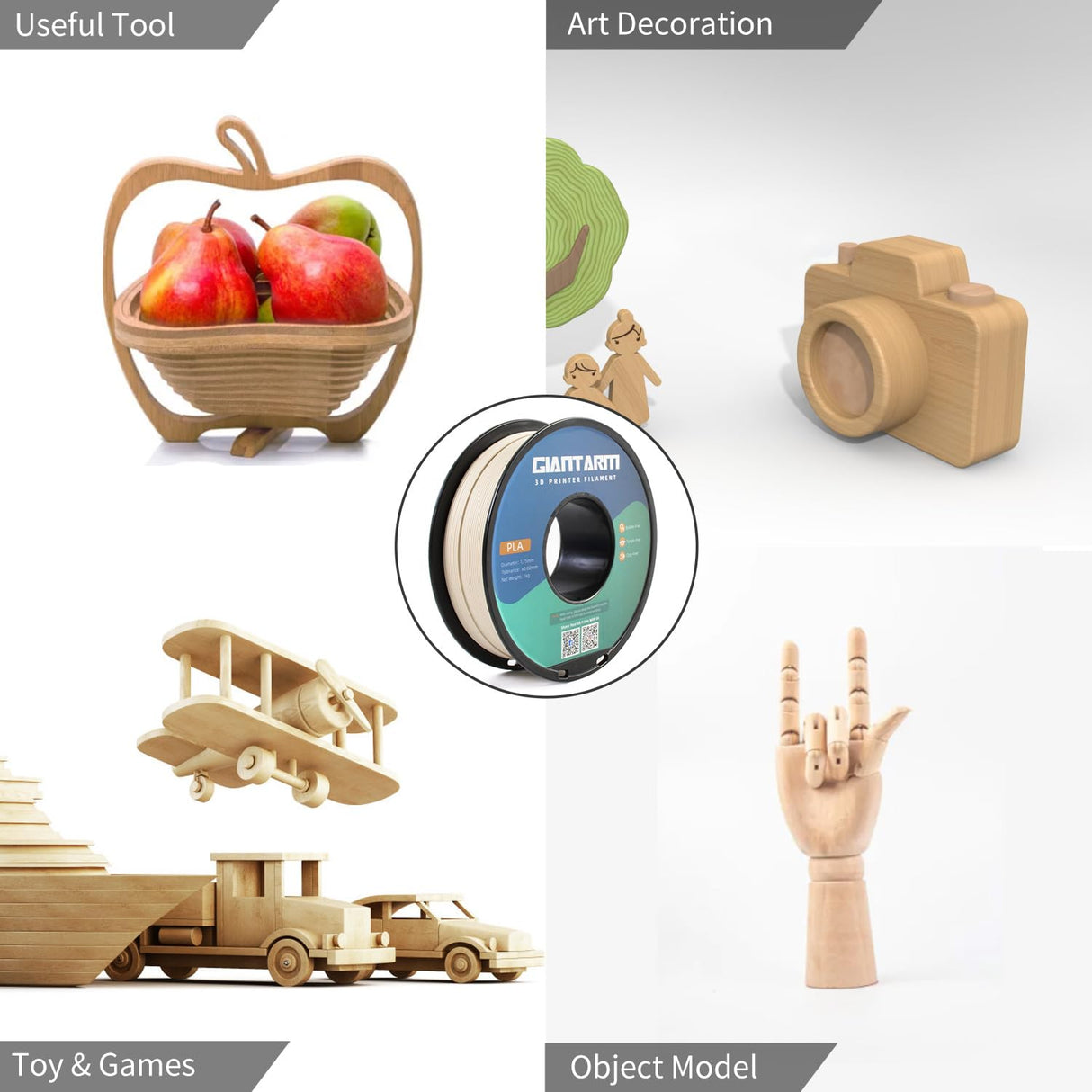 GIANTARM Wood Filament PLA,Wood PLA 3D Printer Filament,1.75mm Dimensional Accuracy +/-0.03mm,for Most 3D FDM Printer,1080 Feet per Roll,(Wood Poplar) GIANTARM