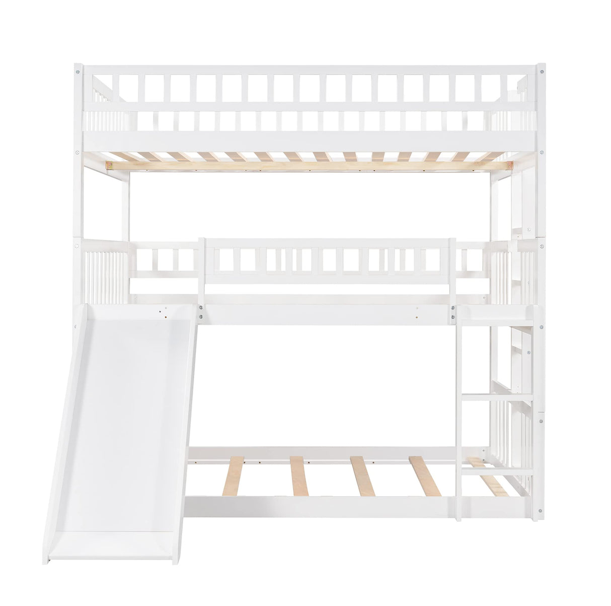 Aiuyesuo Triple Bunk Bed Full-Over-Full-Over-Full Size with Convertible Ladder and Slide for Kids Teens, Solid Wood Triple Bunk Bed with Guardrails for 3, Maximized Space (White-4) Aiuyesuo