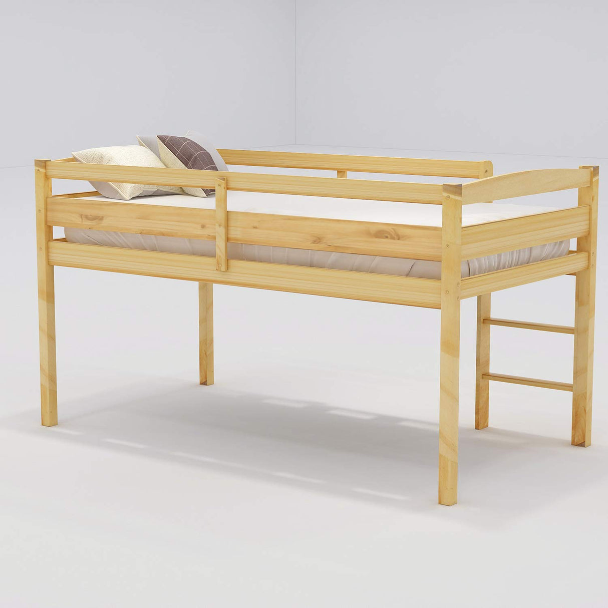 Harper & Bright Designs Twin Size Low Loft Bed with Ladder and Safety Guardrails in Natural Wood Harper & Bright Designs