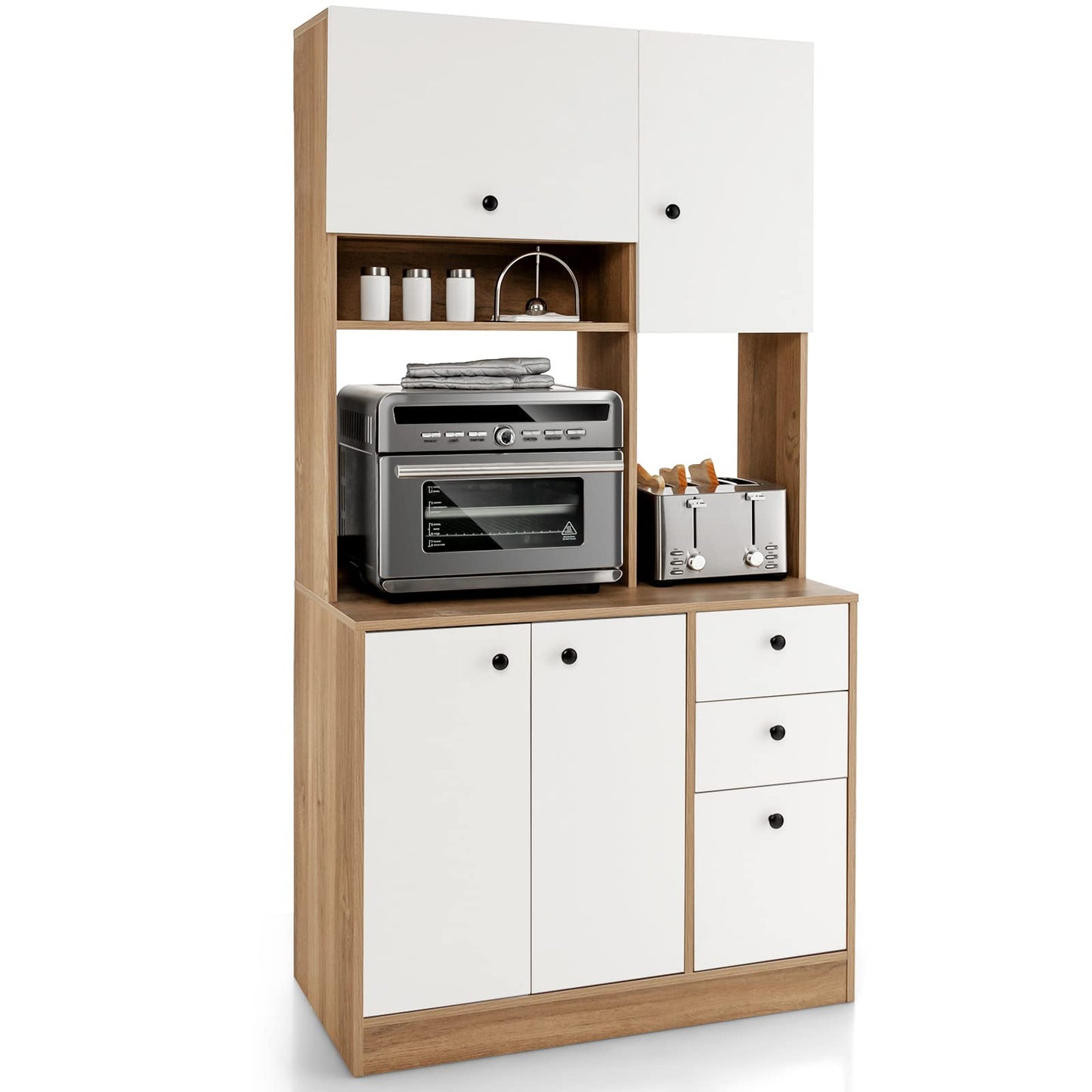 Giantex Kitchen Pantry, Buffet Hutch with 3 Storage Cabinet, 71'' Floor Large Cupboard with 3 Deep Drawers, Wide Countertop, Adjustable Shelves, Tall Sideboard (White & Natural)