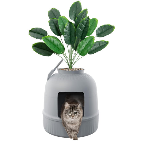 Lifewit Litter Box with Faux Plant & Scoop for Large Cat, Hidden Corner Enclosure Litter Tray with Odor Control & Carbon Filter in Living Room/Bedroom/Bathroom, Grey Lifewit