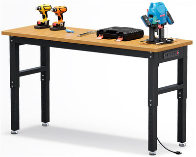 60" Adjustable Height Garage Workbench, GarveeTech Max. 2200 LBS Capacity Solid Wood Work Bench Table, Heavy Duty Work Station for Garage, Shop, Home, Office