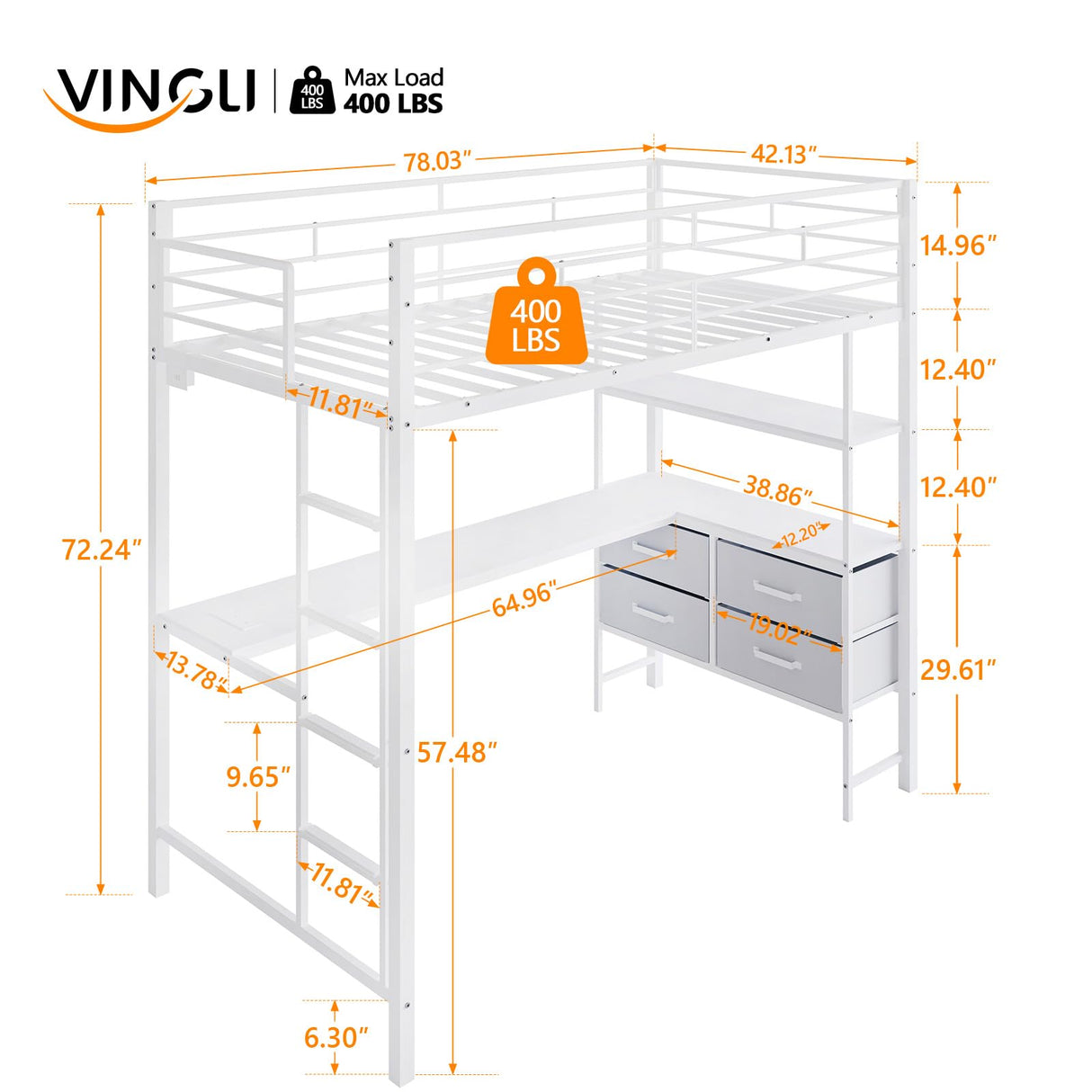 VINGLI Twin Loft Bed with 15 Inches Safety Guardrail/L-Shaped Desk/Flat Rungs, LED Single High Sleeper with 2 Charging Stations/Storage Shelves/Dresser, Heavy Duty Metal Support Slat, White VINGLI