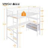VINGLI Twin Loft Bed with 15 Inches Safety Guardrail/L-Shaped Desk/Flat Rungs, LED Single High Sleeper with 2 Charging Stations/Storage Shelves/Dresser, Heavy Duty Metal Support Slat, White VINGLI