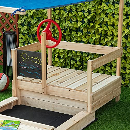 Outsunny Kids Wooden Sandbox with Cover, 71" Kids Sandbox w/Flag, Canopy Shade, Bottom Liner, Blackboard, Outdoor Sand Pit for 3-8 Years Old, Natural Wood - WoodArtSupply