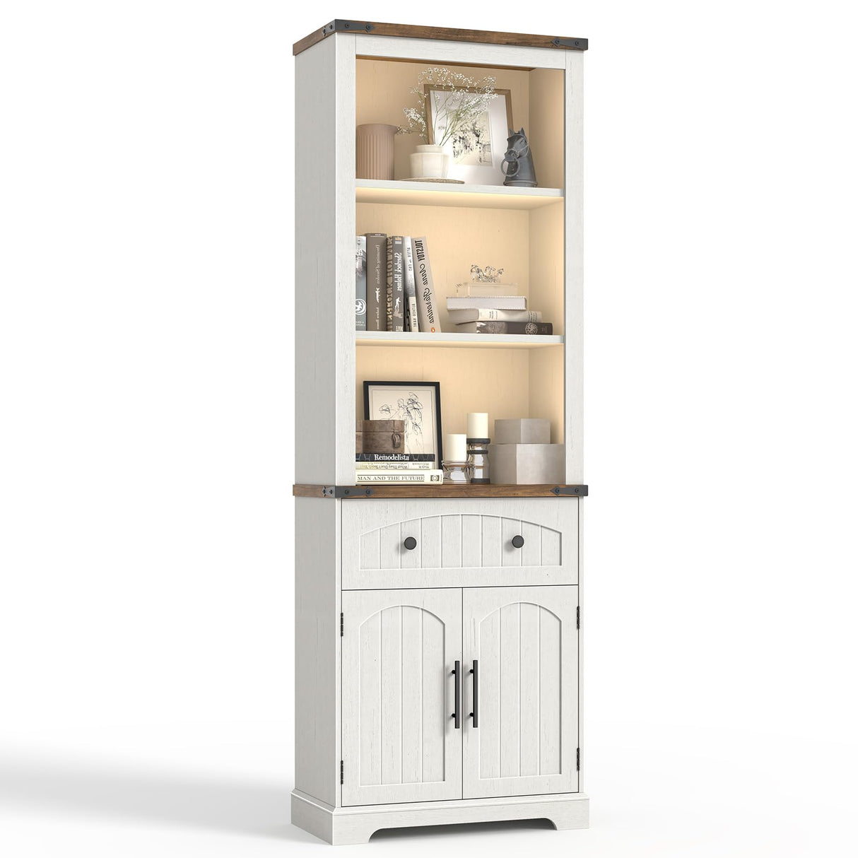 Vabches Farmhouse Bookshelf with Storage Cabinet, 70" Tall Bookcase with Adjustable Shelves and Drawers, 3 Tier Wood Display Storage Cabinet with Doors for Home Office, Living Room, Rustic White Vabches