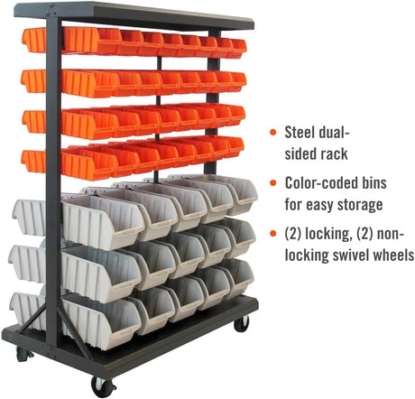 TRINITY EcoStorage 6-Tier Dual-Sided Rolling Bin Rack, 330 Pound Capacity, Includes 94 Organizer Bins, 19.75" x 35.5" x 48.5", Black TRINITY
