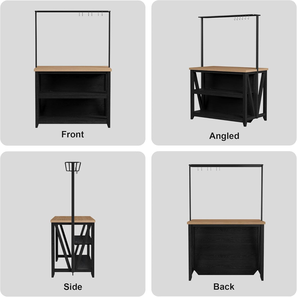 Wooden Kitchen Island with Power Outlet & LED Lights - Bakers Rack with Storage, Large Kitchen Island Table with 3 Tier Microwave Stand Oven Shelf, Coffee Bar Table with 6 Hooks LALFPET