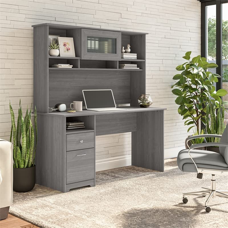 UrbanPro 60W Computer Desk with Hutch in Modern Gray - Engineered Wood UrbanPro