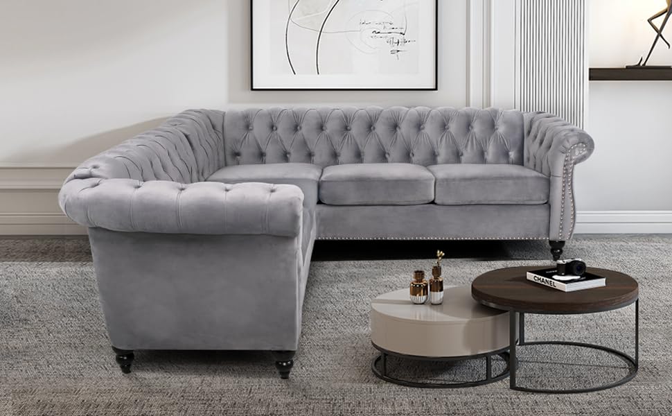 RARZOE Chesterfield L Shaped Sectional Sofa, Deep Button Tufted Velvet Sofa, Upholstered Rolled Arm Classic Chesterfield Settee Furniture for Living Room, Grey RARZOE