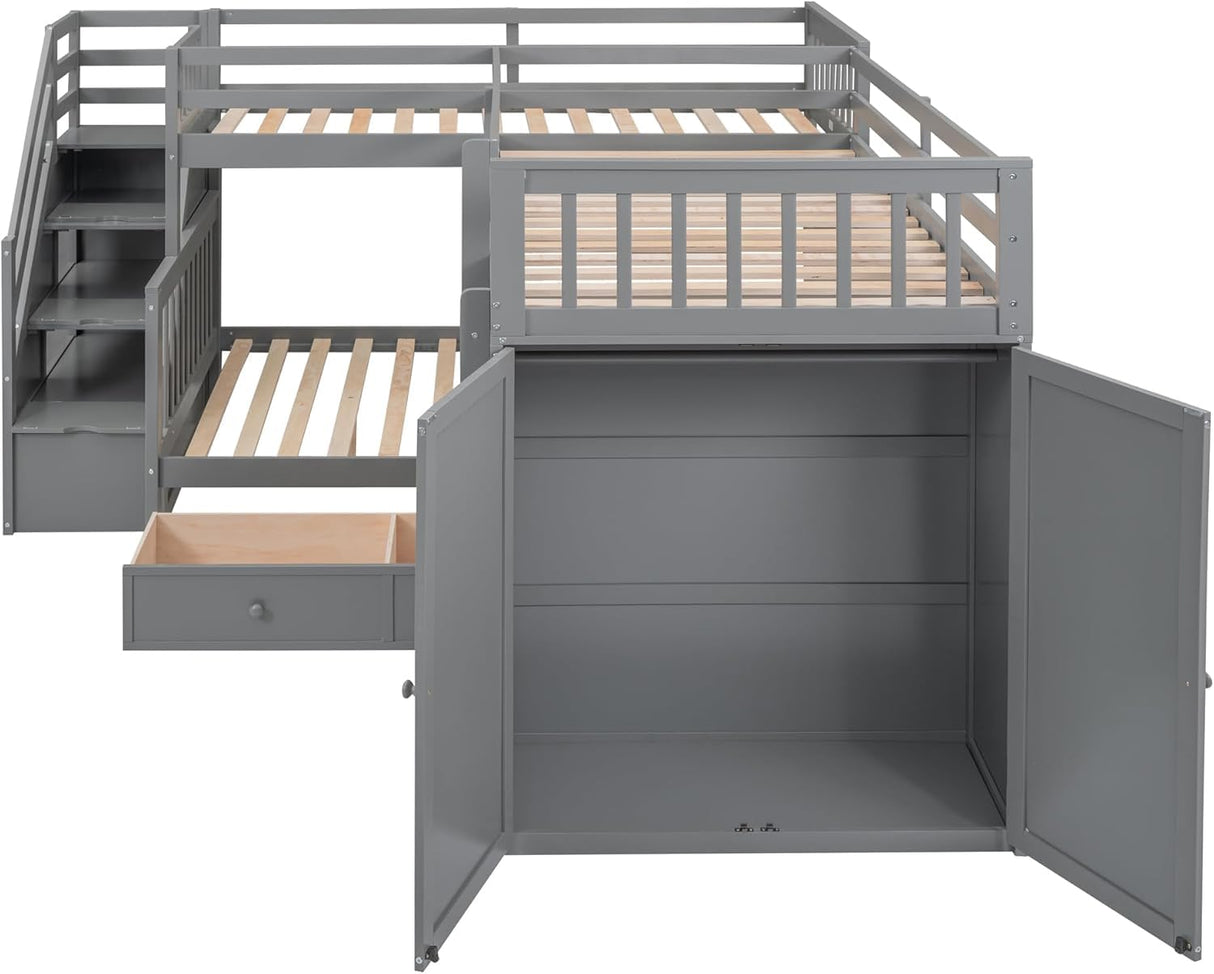 MERITLINE Twin-Twin Over Full Triple Bunk Bed with Storage Stairs,Wardrobe and Desk,Solid Wood L-Shaped 3 Bunk Bed with Ladder,Shelves,Headboard,Guardrail,No Box Spring Needed (Grey) MERITLINE