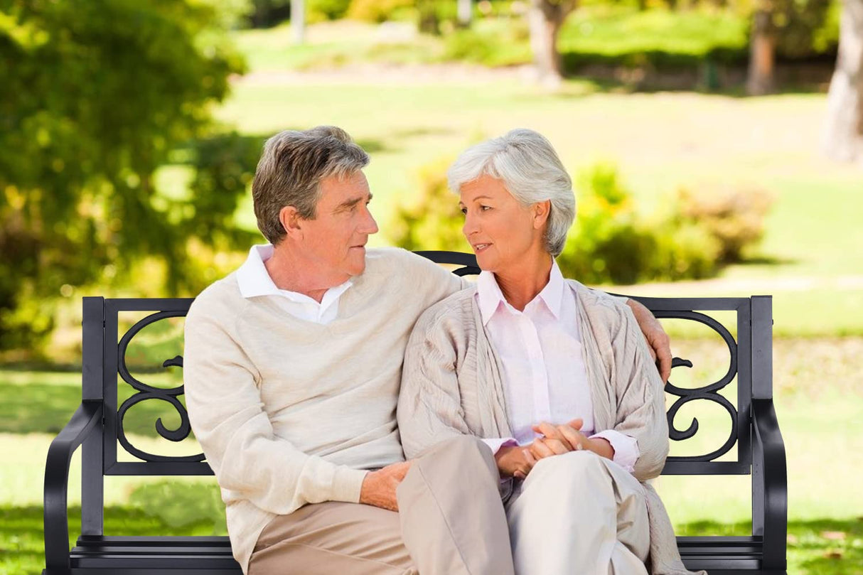 MFSTUDIO 50 Inches Outdoor Garden Bench, Cast Iron Metal Frame Patio Park Bench with Floral Pattern Backrest, Arch Legs for Porch Lawn Garden Yard(Black) MFSTUDIO